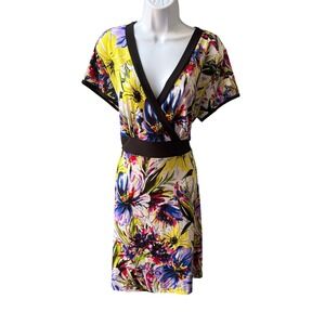 New Directions Woman 1X Floral Faux Wrap Dress V-Neck Short Sleeve Tie Waist